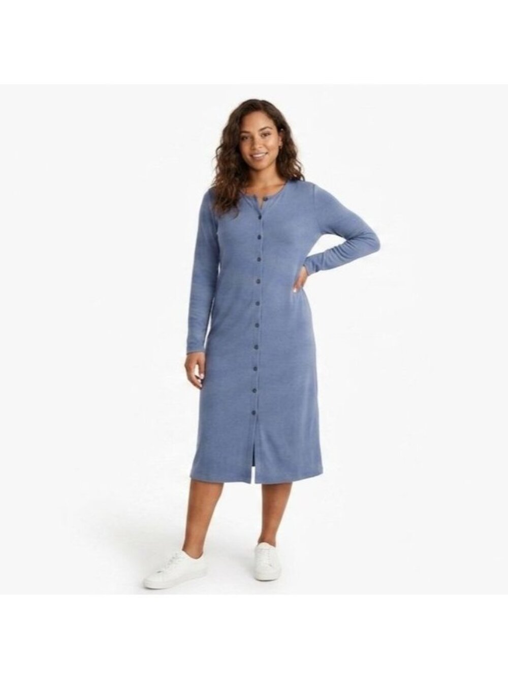 Madewell Button Front Midi Dress L Blue Long Sleeve Cotton Modal Blend